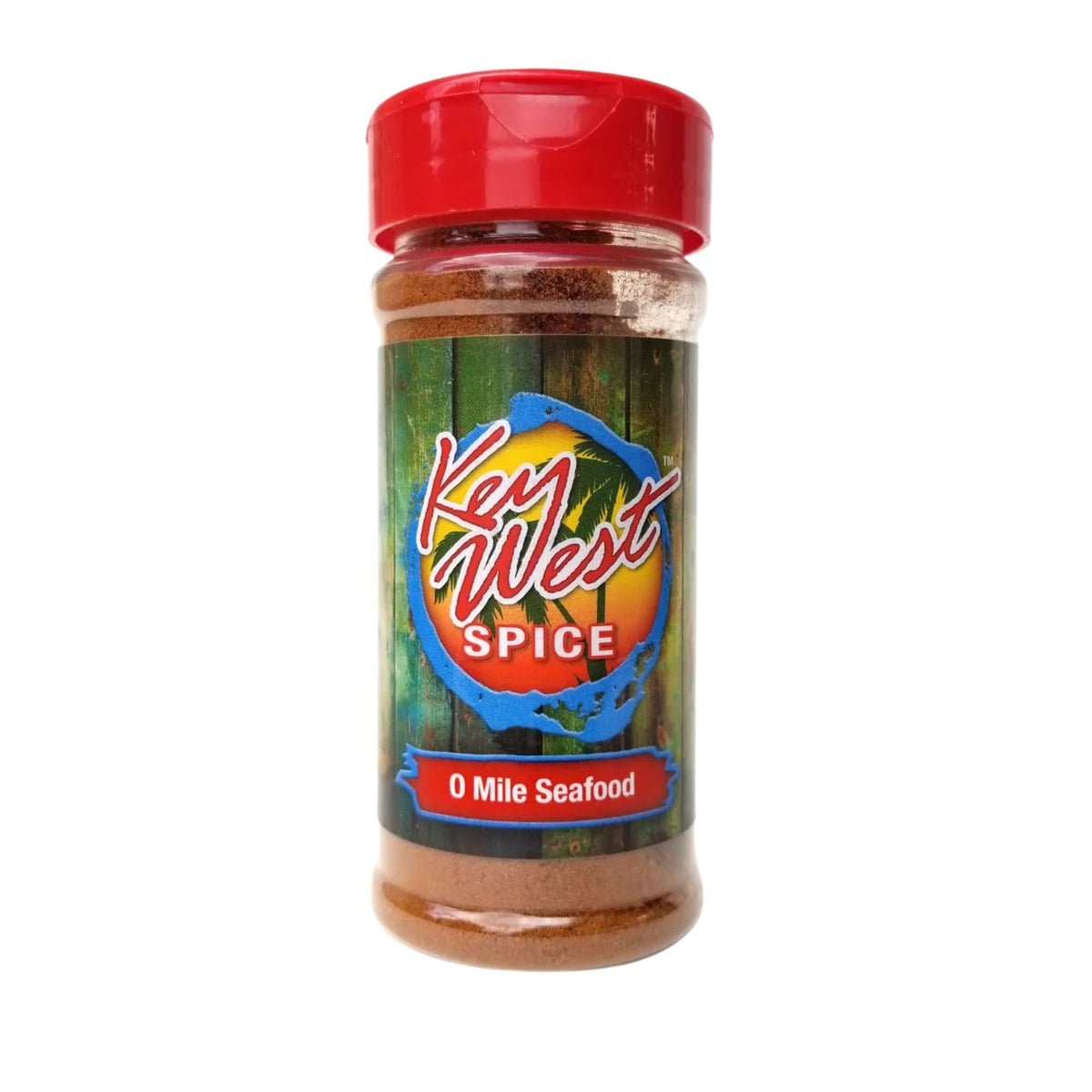 Key West Spice 0 Mile Seafood seasoning jar with label, 1.5 oz. natural seafood spice blend from Key West Spice.