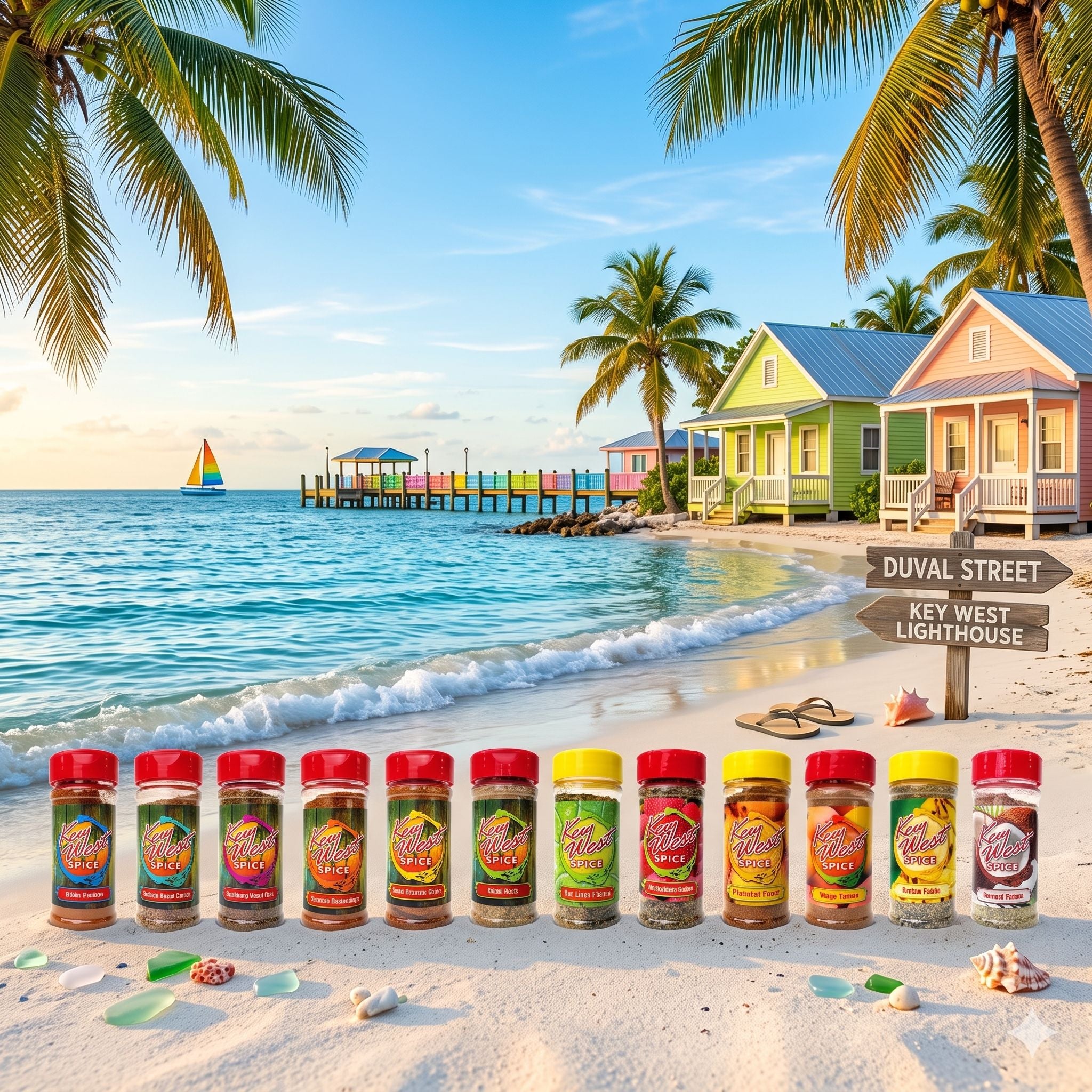 Assorted case of 12 Key West Spice seasonings featuring a variety of colorful spice jars and bottles in a display arrangement.