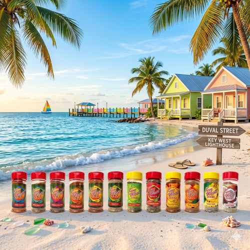 Assorted case of 12 Key West Spice seasonings featuring a variety of colorful spice jars and bottles in a display arrangement.