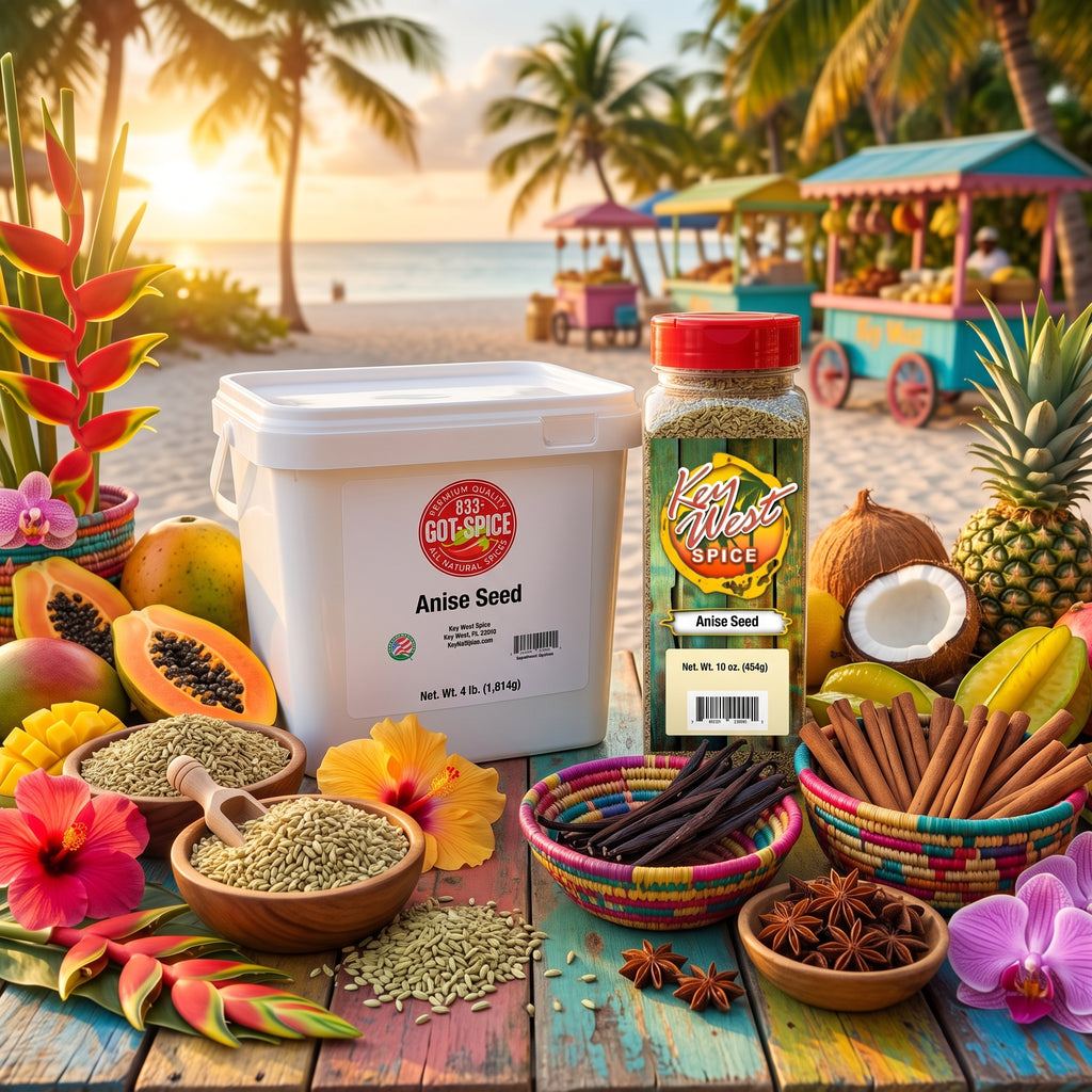 A tropical beach scene at sunset with a large white tub labeled Anise Seed and a spice jar labeled Anise Seed on a colorful wooden table, surrounded by flowers, bowls of spices, coconuts, star anise, cinnamon sticks, and palm trees in the background.