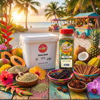 A tropical beach scene at sunset with a large white tub labeled Anise Seed and a spice jar labeled Anise Seed on a colorful wooden table, surrounded by flowers, bowls of spices, coconuts, star anise, cinnamon sticks, and palm trees in the background.