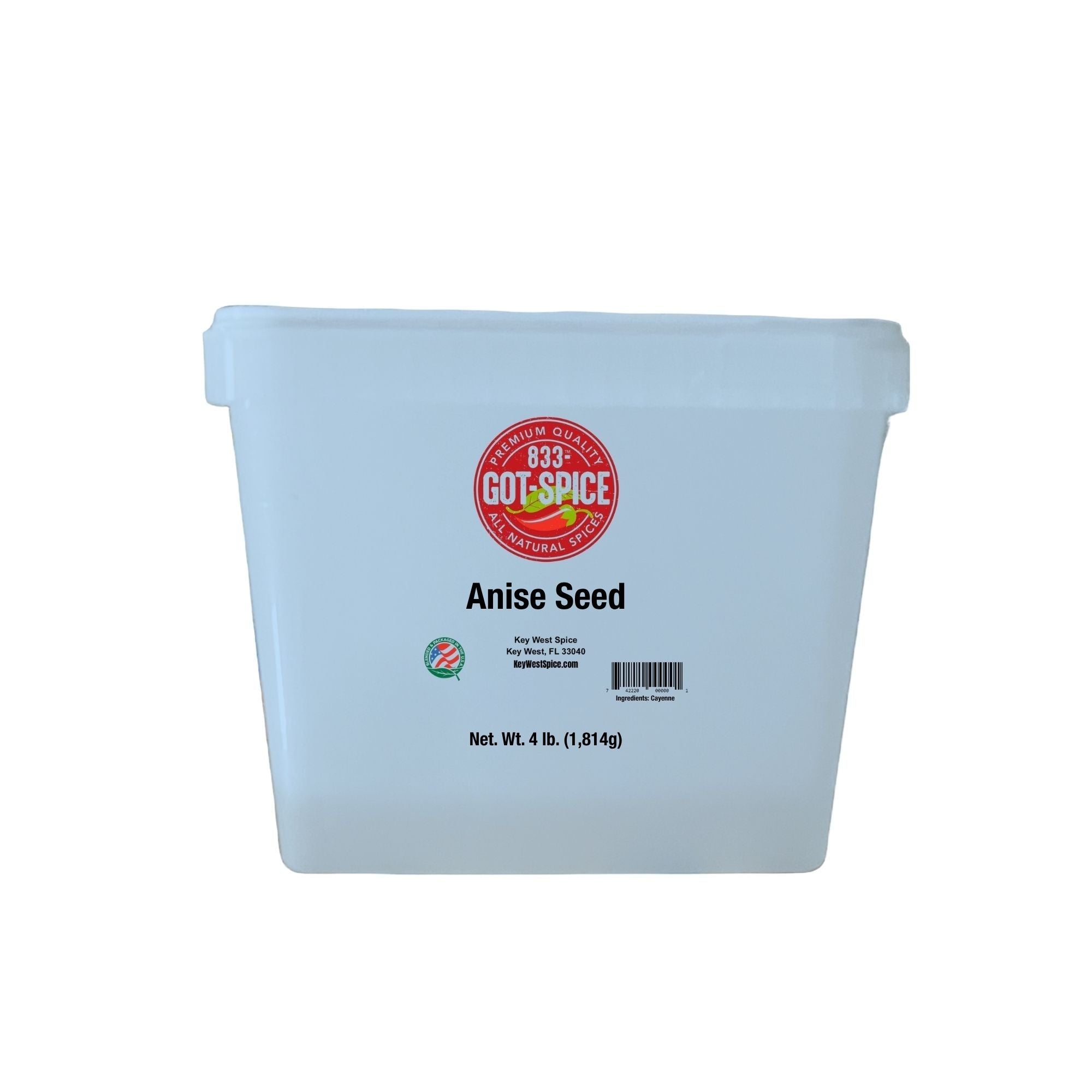 A white plastic tub of Got Spice Anise Seed, 4 lbs, on a solid white background.