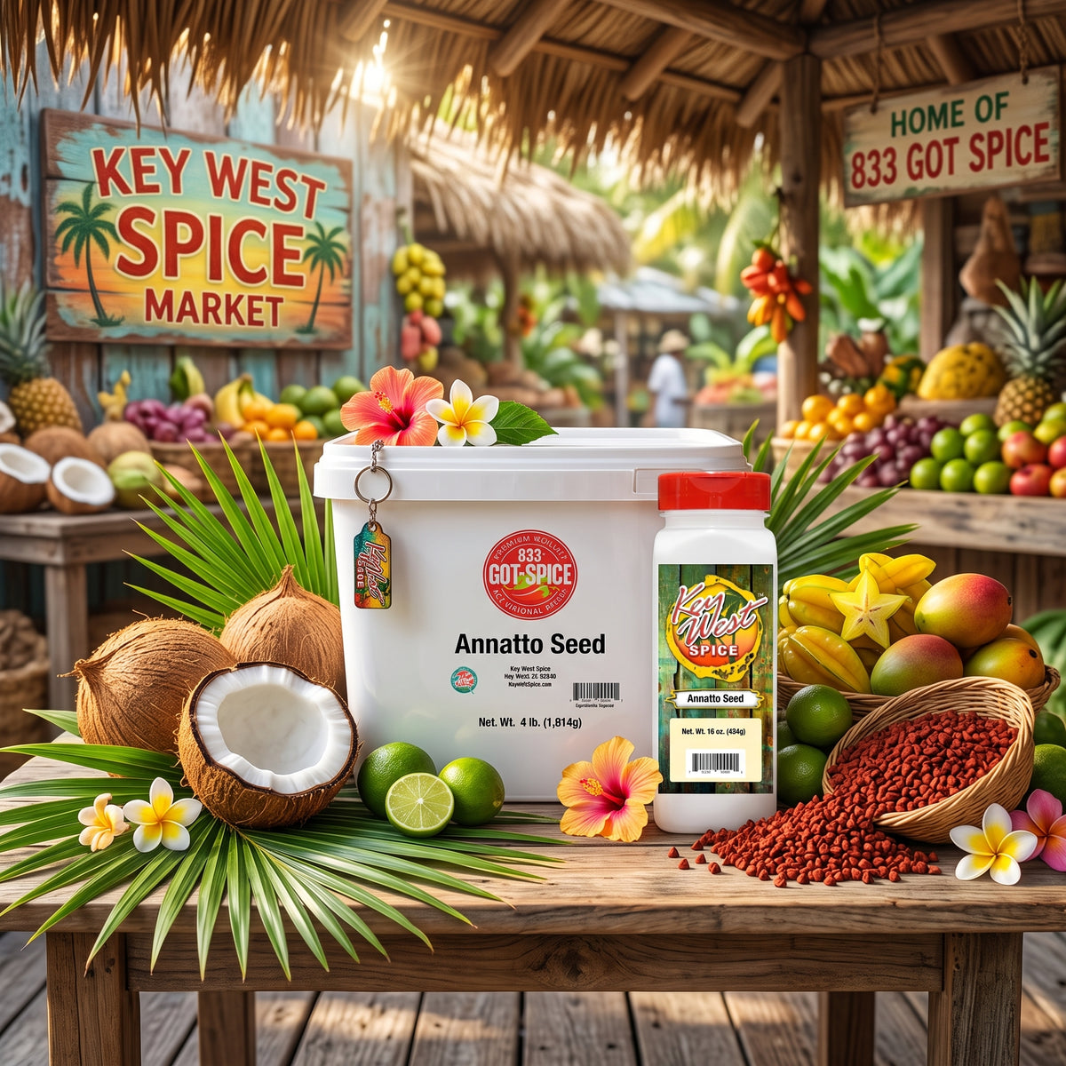 A large white bucket labeled 'Anatto Seed' and a smaller jar labeled 'Coconut Spice' are displayed on a wooden table in a tropical market setting with coconuts, limes, flowers, and spice elements.