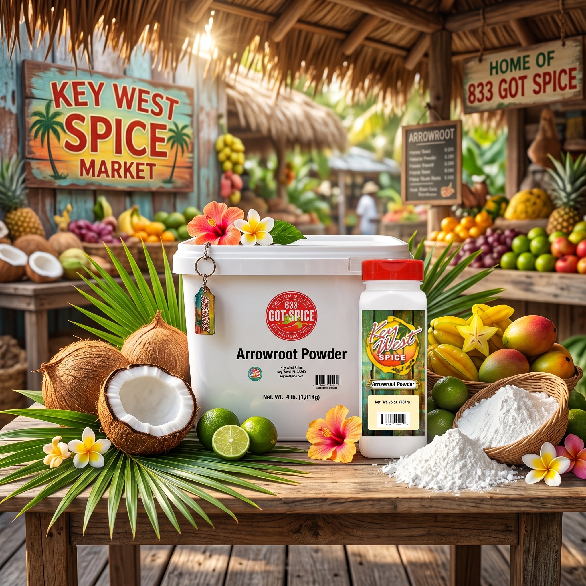 A large white tub of Arrowroot Powder and a smaller jar of Arrowroot Powder are displayed on a wooden table in a tropical market setting, surrounded by coconuts, limes, flowers, and spices.
