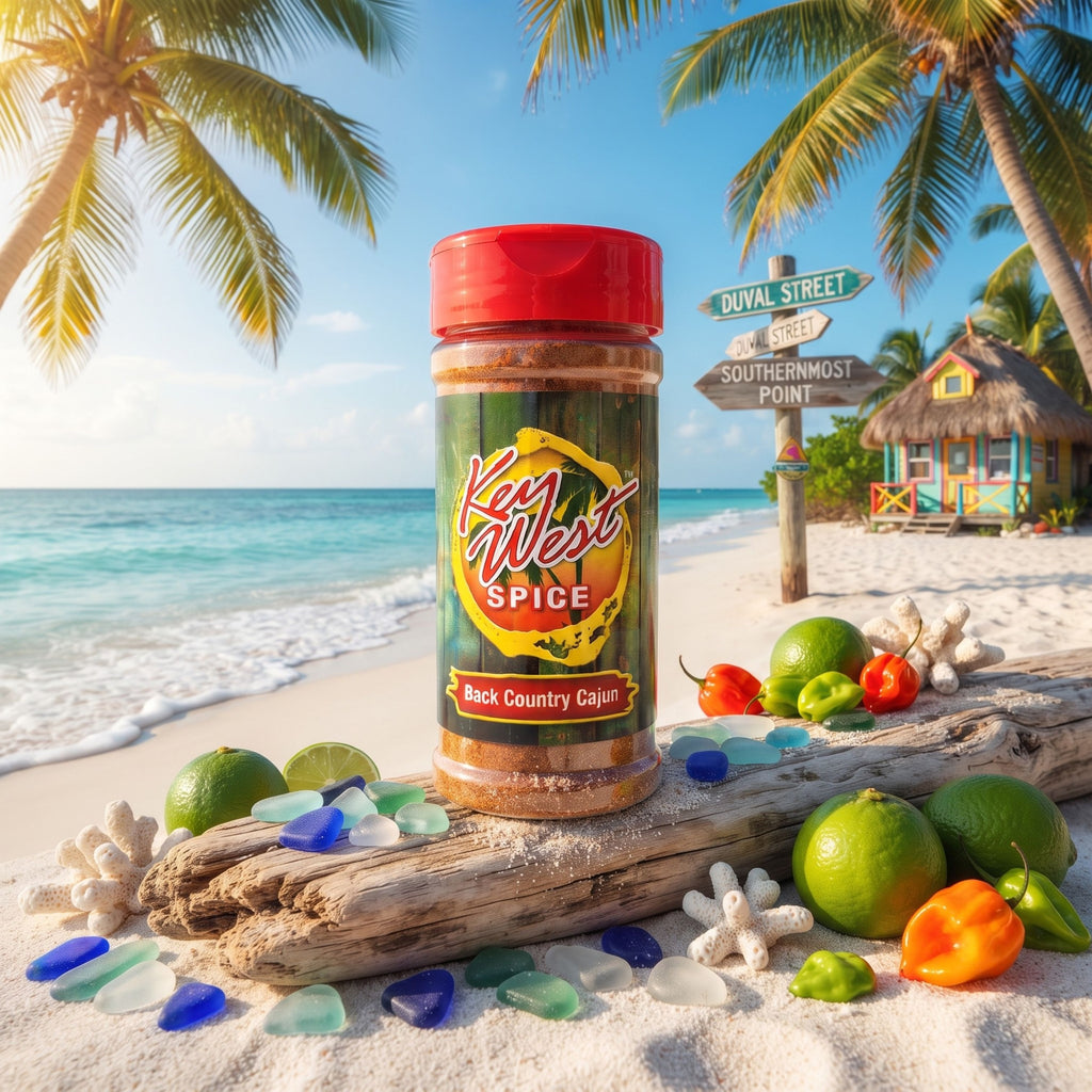 Back Country Cajun blackening seasoning by Key West Spice, close-up of the spice blend in a jar with herbs and spices visible