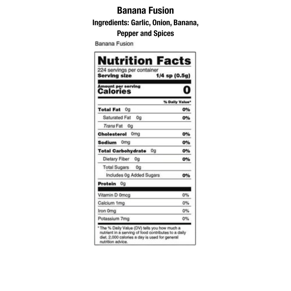 Banana Fusion salt-free, sugar-free seasoning blend by Key West Spice in a jar, showing the product label and ingredients.