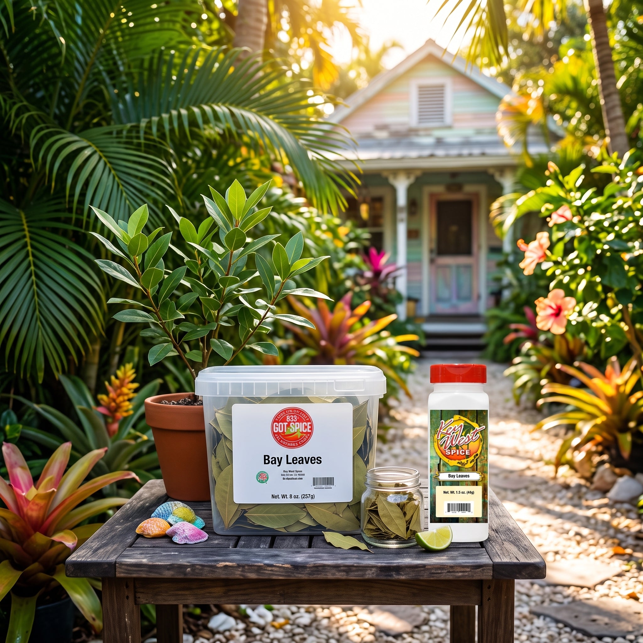 A garden table in a tropical backyard garden setup displays a clear plastic tub of Fresh Bay Leaves and a bottle of Bay Leaf Infused Oil, alongside a small jar and decorative shells. In the background, a rustic wooden house is softly blurred among lush green foliage and colorful tropical plants.