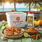 A large white tub of Got Spice Blackened Seasoning and a smaller bottle of Curry Leaf Spice are displayed on a rustic table with cooked shrimp, chicken, lime, orange, chili peppers, and shells, set against a tropical beach and palm tree background.
