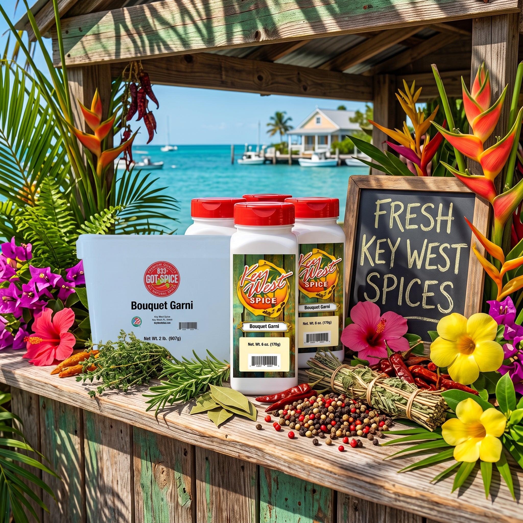 Four bottles of Key West Spice Bouquet Garni and a white box of Bouquet Garni displayed on a rustic wooden counter in a tropical Key West setting with flowers, herbs, and a sign reading 'Fresh Key West Spices'.