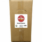 Ground Cayenne Pepper from Key West Spice in a bulk box, showcasing vibrant red ground chili powder on a white background.