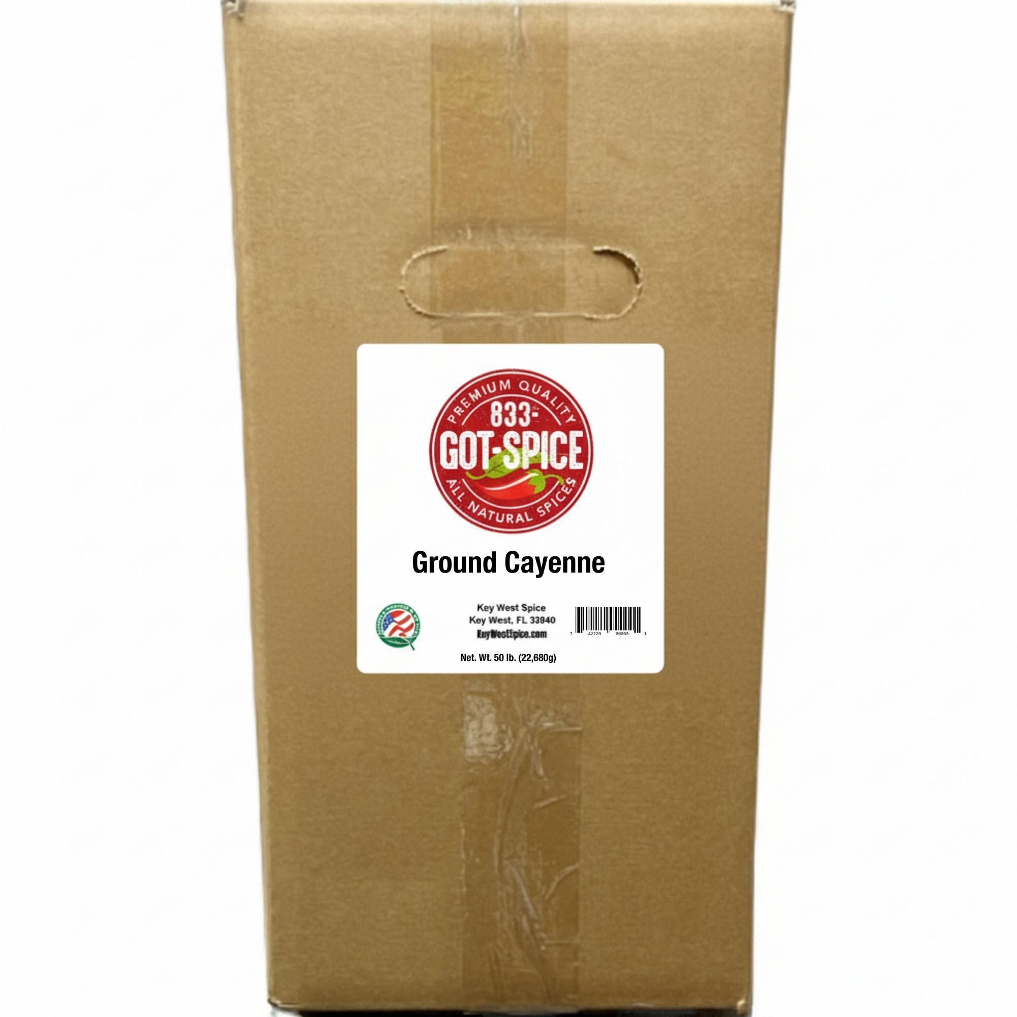 Ground Cayenne Pepper from Key West Spice in a bulk box, showcasing vibrant red ground chili powder on a white background.