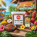 A tropical-themed product display featuring a large tub and a jar of GoSpice Caraway Seed, surrounded by fresh ingredients like pineapples, bananas, coconuts, and flowers on a wooden table under a 'Key West Spice Market' sign.