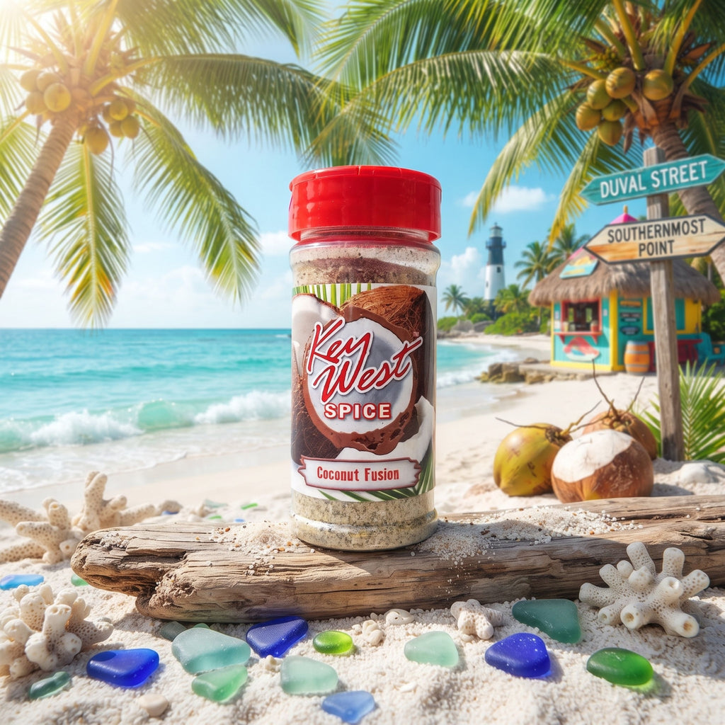 Key West Spice Coconut Fusion salt-free and sugar-free seasoning blend with shredded coconut and herbs in a jar.