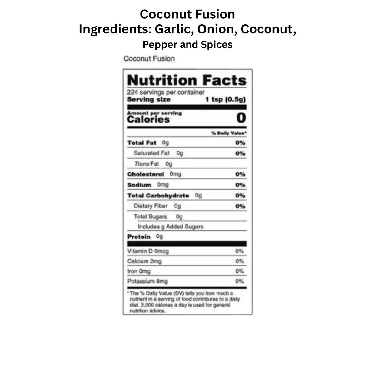 Key West Spice Coconut Fusion salt-free, sugar-free seasoning blend with coconut flavor in a jar.