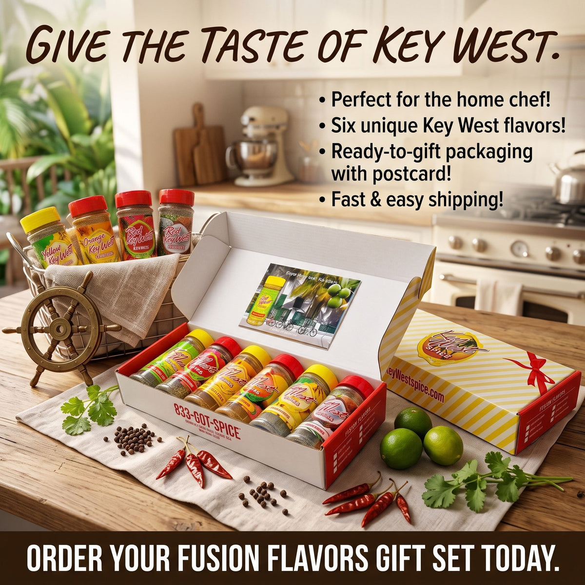 A spice gift set displayed on a wooden table in a kitchen setting, featuring an open white box with multiple colorful spice jars, a closed branded box, herbs, chilies, and limes. Large promotional text at the top and bottom reads 'Give the Taste of Key West' and 'Order Your Fusion Flavors Gift Set Today.