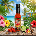 A bottle of Key West Spice Ghost Hot Sauce stands on a wooden table surrounded by tropical flowers, limes, chili peppers, and a small bird figurine, with a blurred beach and palm trees in the background.
