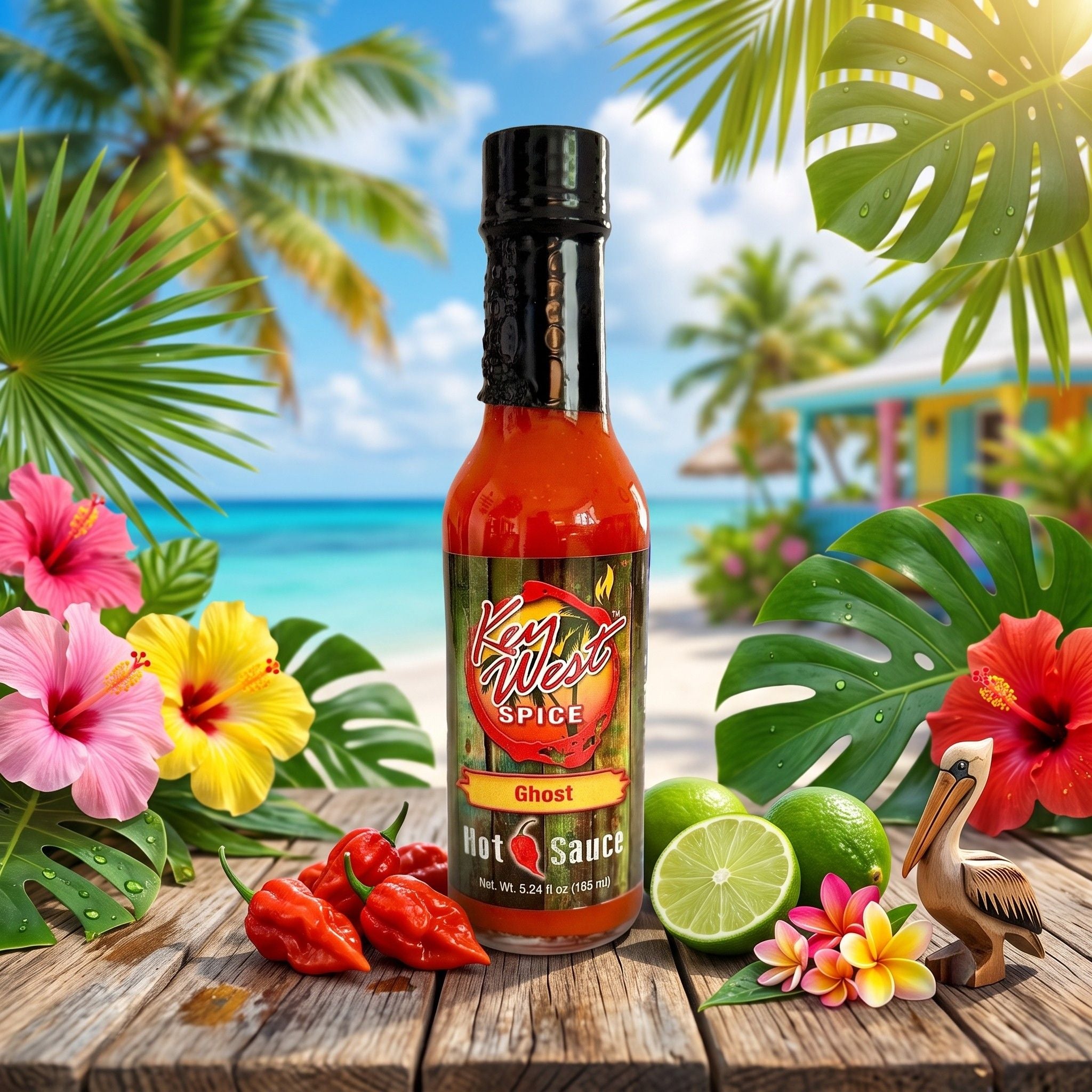 A bottle of Key West Spice Ghost Hot Sauce stands on a wooden table surrounded by tropical flowers, limes, chili peppers, and a small bird figurine, with a blurred beach and palm trees in the background.