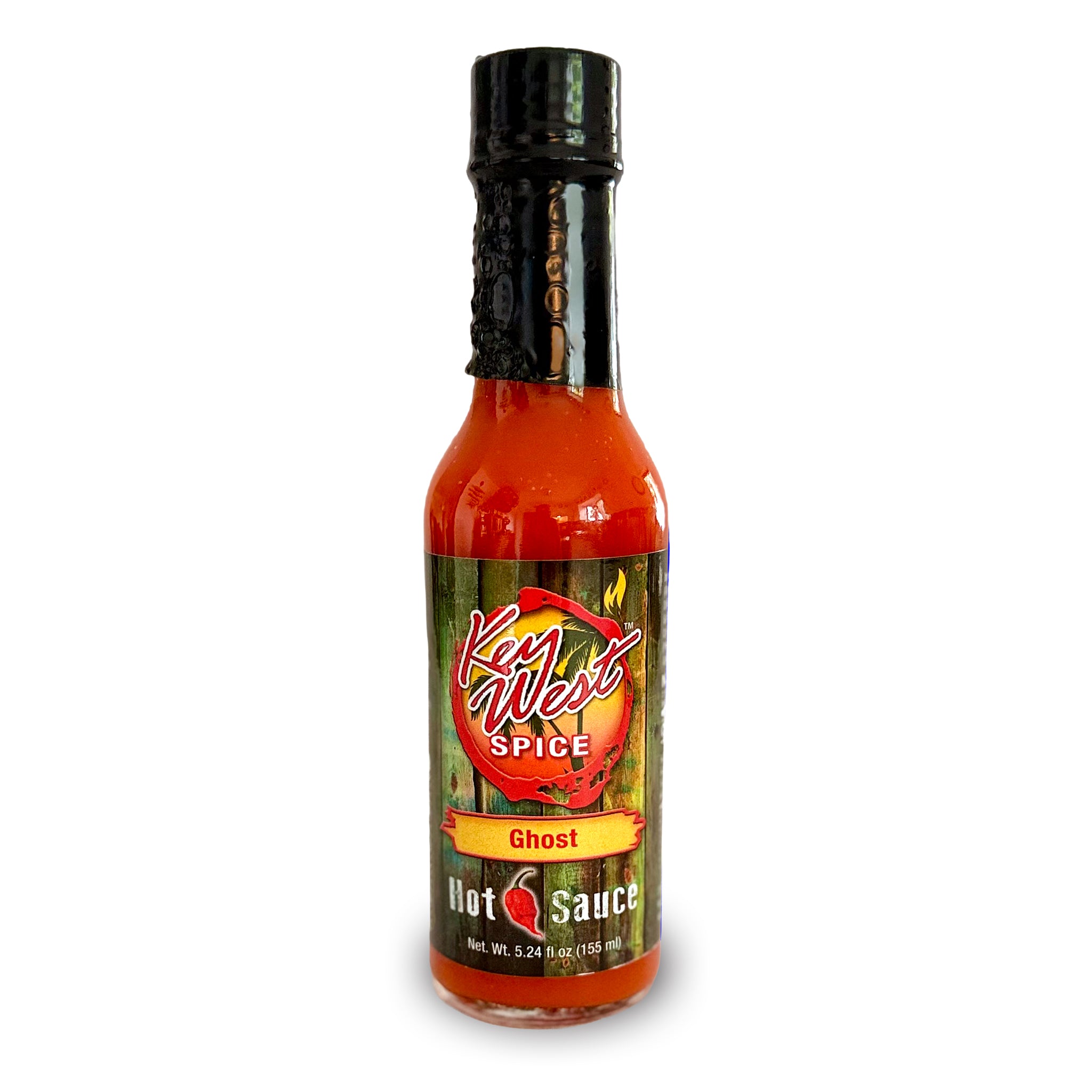 A bottle of Key West Spice Ghost Hot Sauce on a plain white background. The bottle is filled with bright red-orange sauce and features a black cap and a label with green, red, and orange colors.