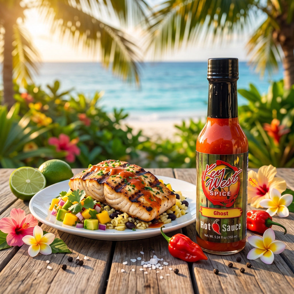 A bottle of Key West Spice Ghost Hot Sauce stands on a wooden table beside a plated grilled fish salad, with limes, peppers, flowers, and a tropical beach background.