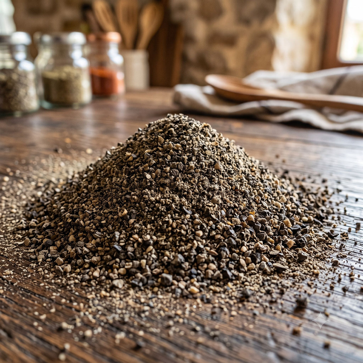 Ground gourmet black pepper from Key West Spice, showcasing fresh, whole black peppercorns in a clear glass jar.