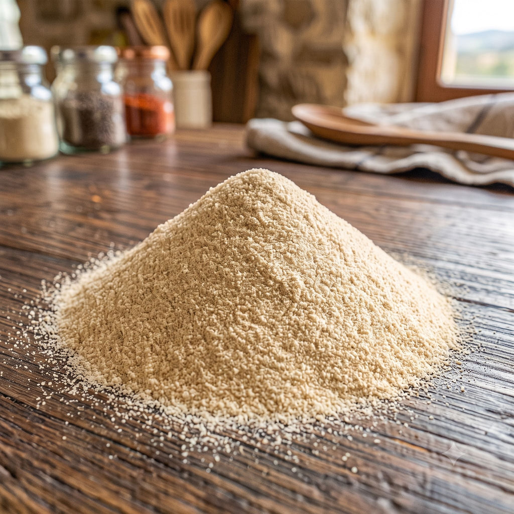 Key West Spice granulated garlic in a jar, close-up of the coarse, white garlic granules ready for cooking or seasoning.