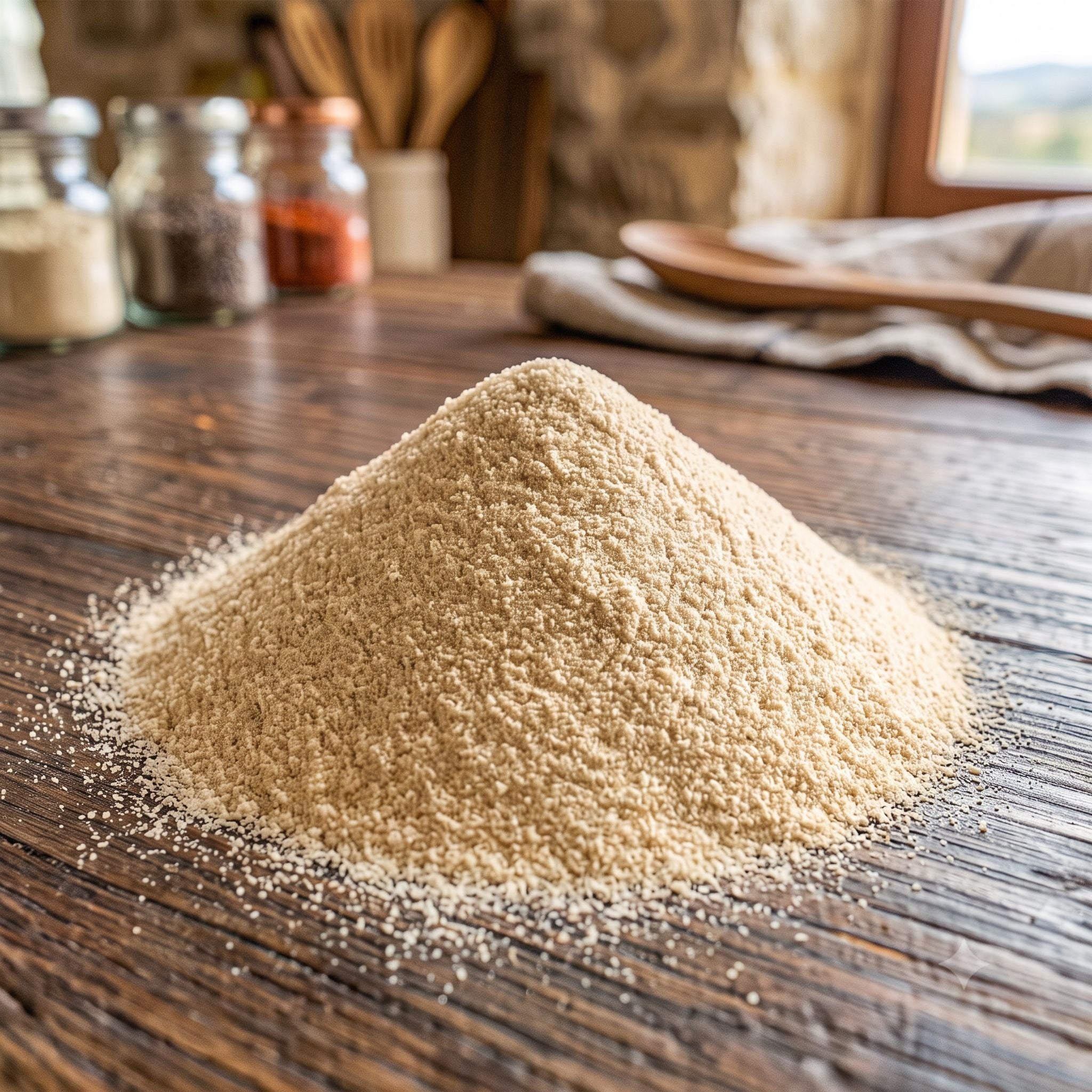 Key West Spice granulated garlic in a jar, close-up of the coarse, white garlic granules ready for cooking or seasoning.
