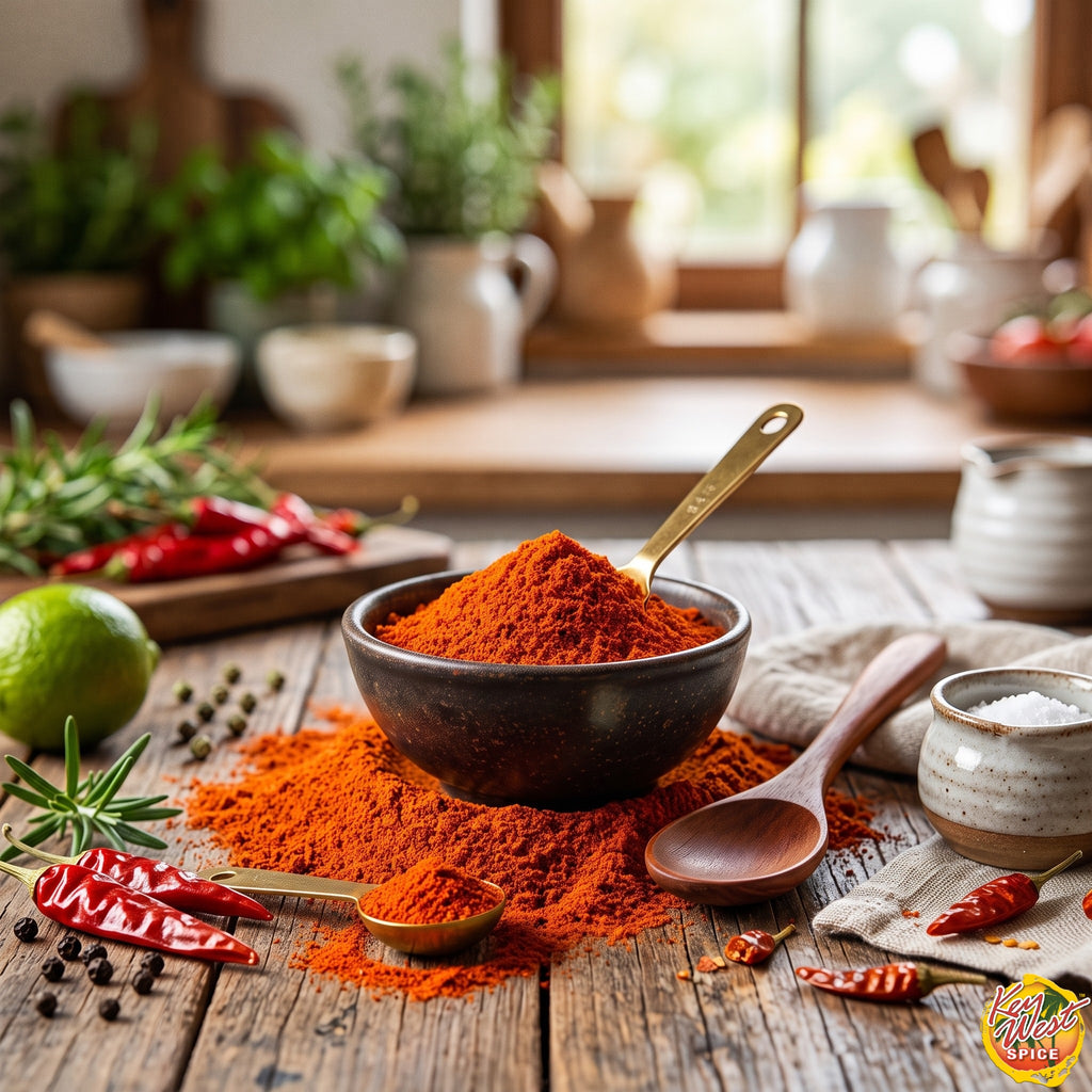 Ground cayenne pepper from Key West Spice in a glass jar, showing bright red, finely ground chili powder for spicy flavor.