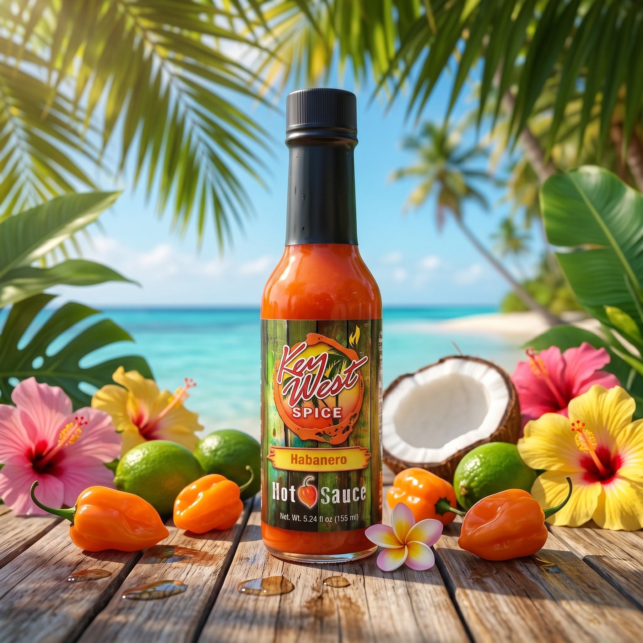 A bottle of Key West Spice Habanero Hot Sauce stands on a wooden table surrounded by tropical fruits, flowers, and a blurred beach backdrop with palm leaves.