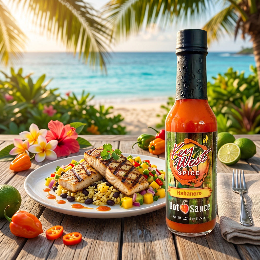A bottle of Key Spice Habanero Hot Sauce stands on a wooden table beside a plated grilled fish dish with rice, beans, and salsa, surrounded by limes, peppers, flowers, and a tropical beach backdrop with palm leaves.