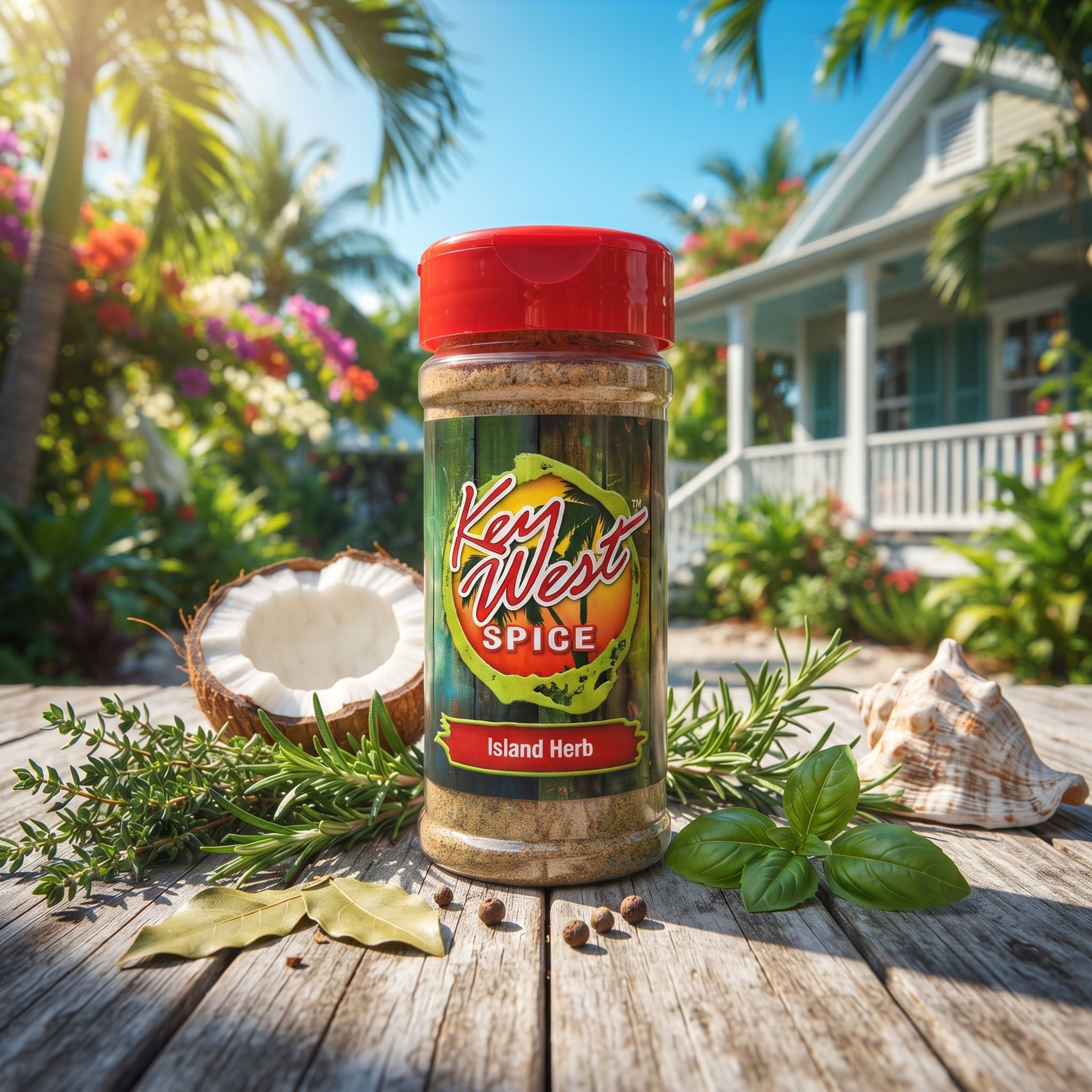 Key West Spice Island Herb salt-free and sugar-free seasoning blend in a jar with herbs and spices visible.