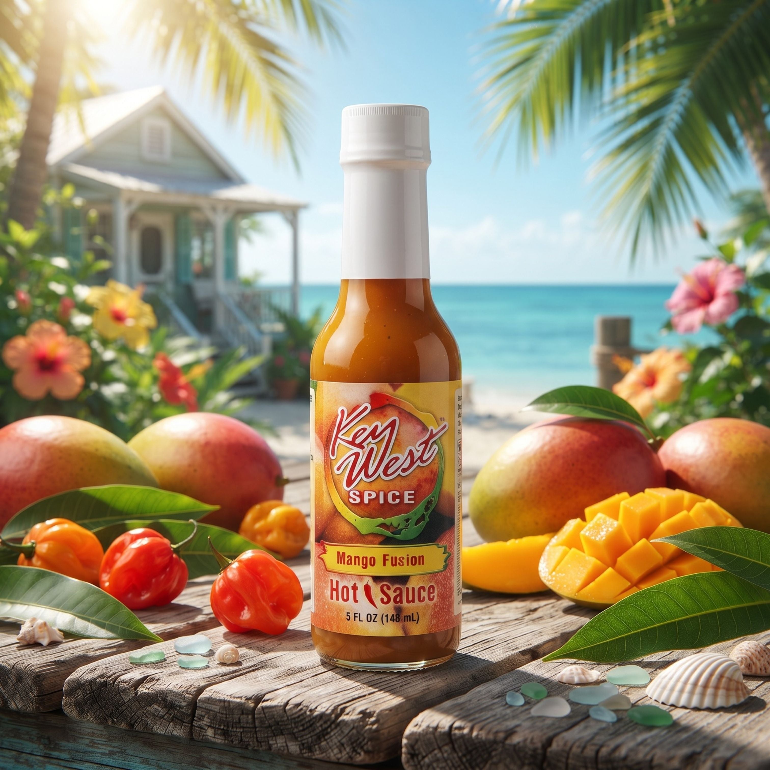 Key West Spice Mango Fusion Hot Sauce in 5 oz. bottle, showcasing vibrant label and spicy, tropical flavor profile.