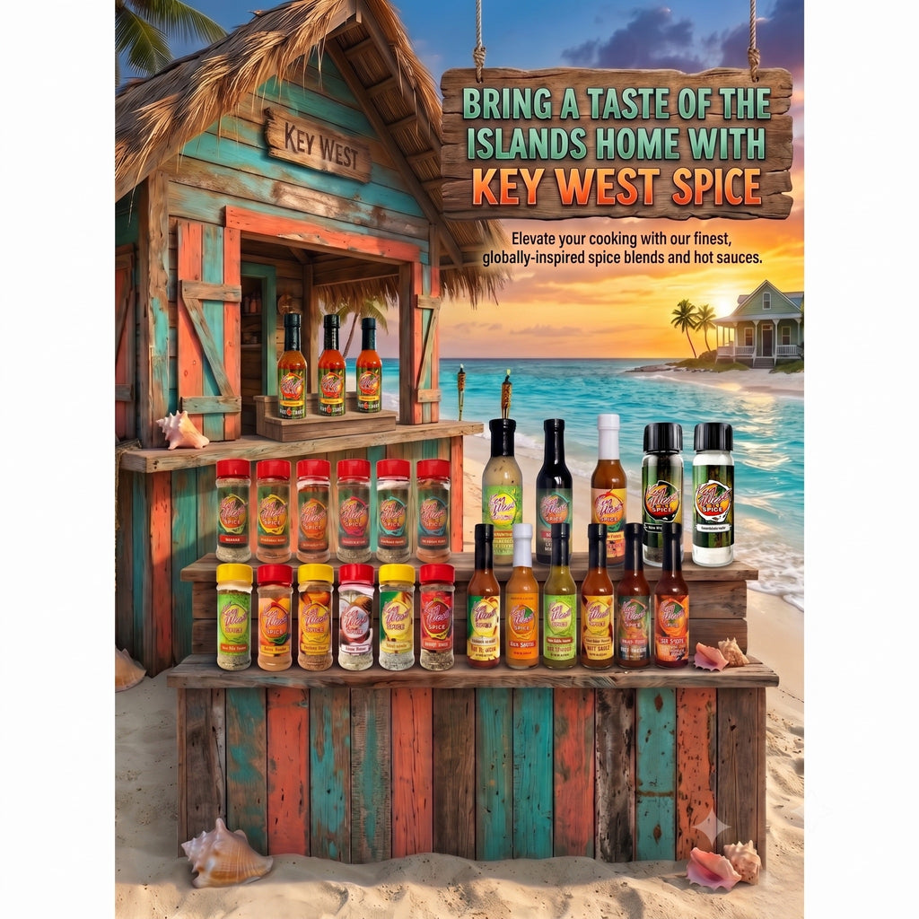 Image of The Ultimate Collection by Key West Spice, featuring a variety of spice jars and bottles arranged on a wooden surface.