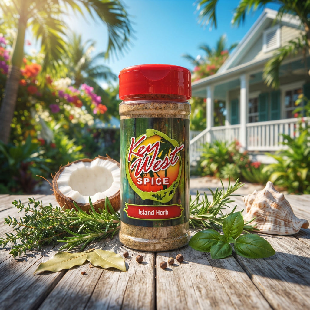 Key West Spice Island Herb salt and sugar-free seasoning blend in a jar with fresh herbs and spices visible.