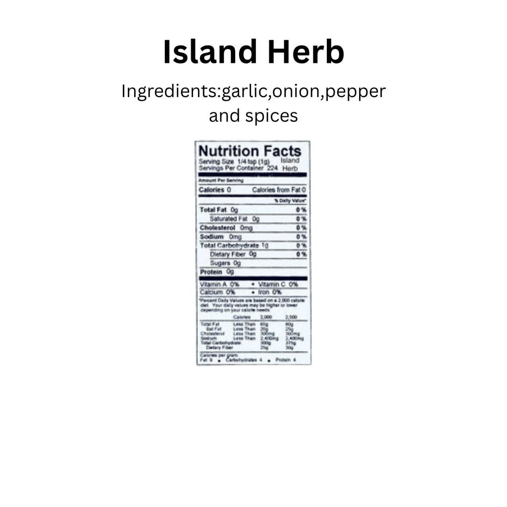 Key West Spice Island Herb salt-free and sugar-free seasoning blend in a jar, with dried herbs visible.