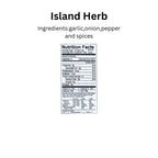 Key West Spice Island Herb salt-free and sugar-free seasoning blend in a jar, with dried herbs visible.