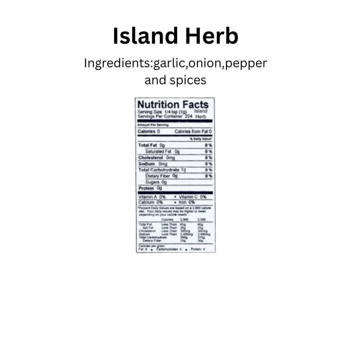 Key West Spice Island Herb salt-free and sugar-free seasoning blend in a jar, with dried herbs visible.