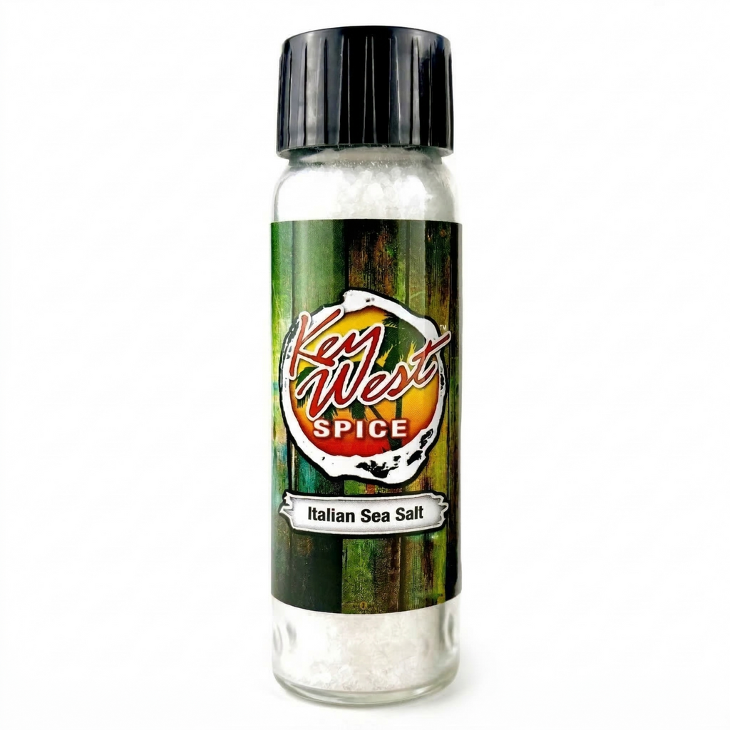 Key West Spice Italian sea salt grinder, 5.8 oz, with a clear view of the ceramic grinder and coarse salt crystals inside.