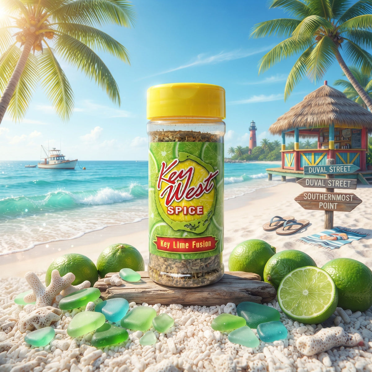 Key West Spice Key Lime Fusion salt-free, sugar-free seasoning salt in a jar with lime flavor and herbs.