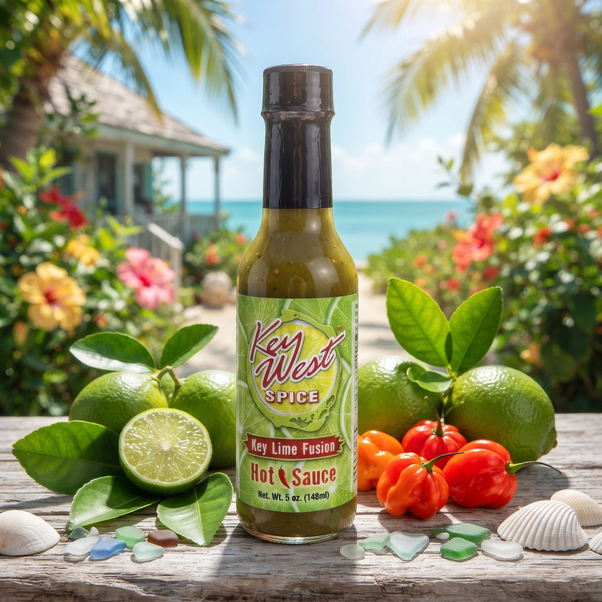 Key West Spice Key Lime Fusion Hot Sauce in 5 oz bottle, featuring a bright label and spicy lime flavor.