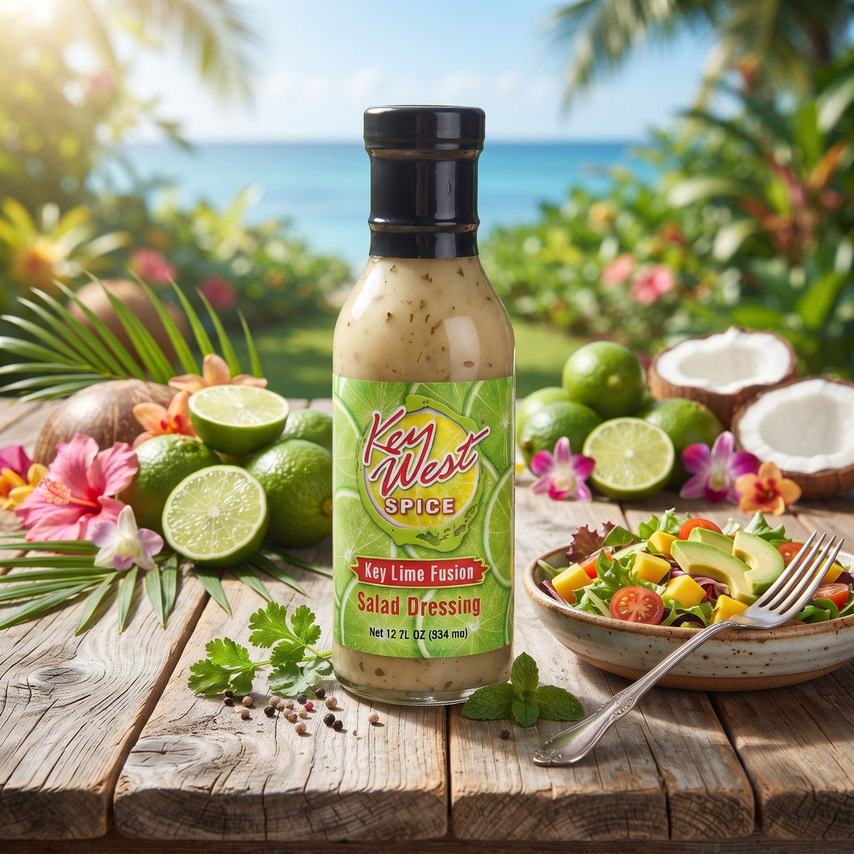 Key West Spice Key Lime Fusion Salad Dressing in 12 oz bottle, featuring fresh lime flavor and creamy dressing texture.