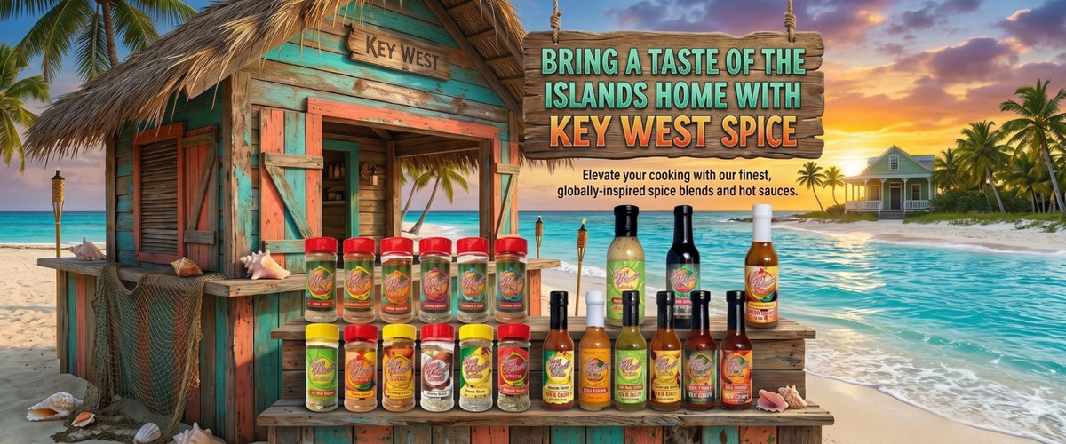 Assortment of Key West Spice Seasonings and Hot Sauce on the Beach in A Tropical Setting.