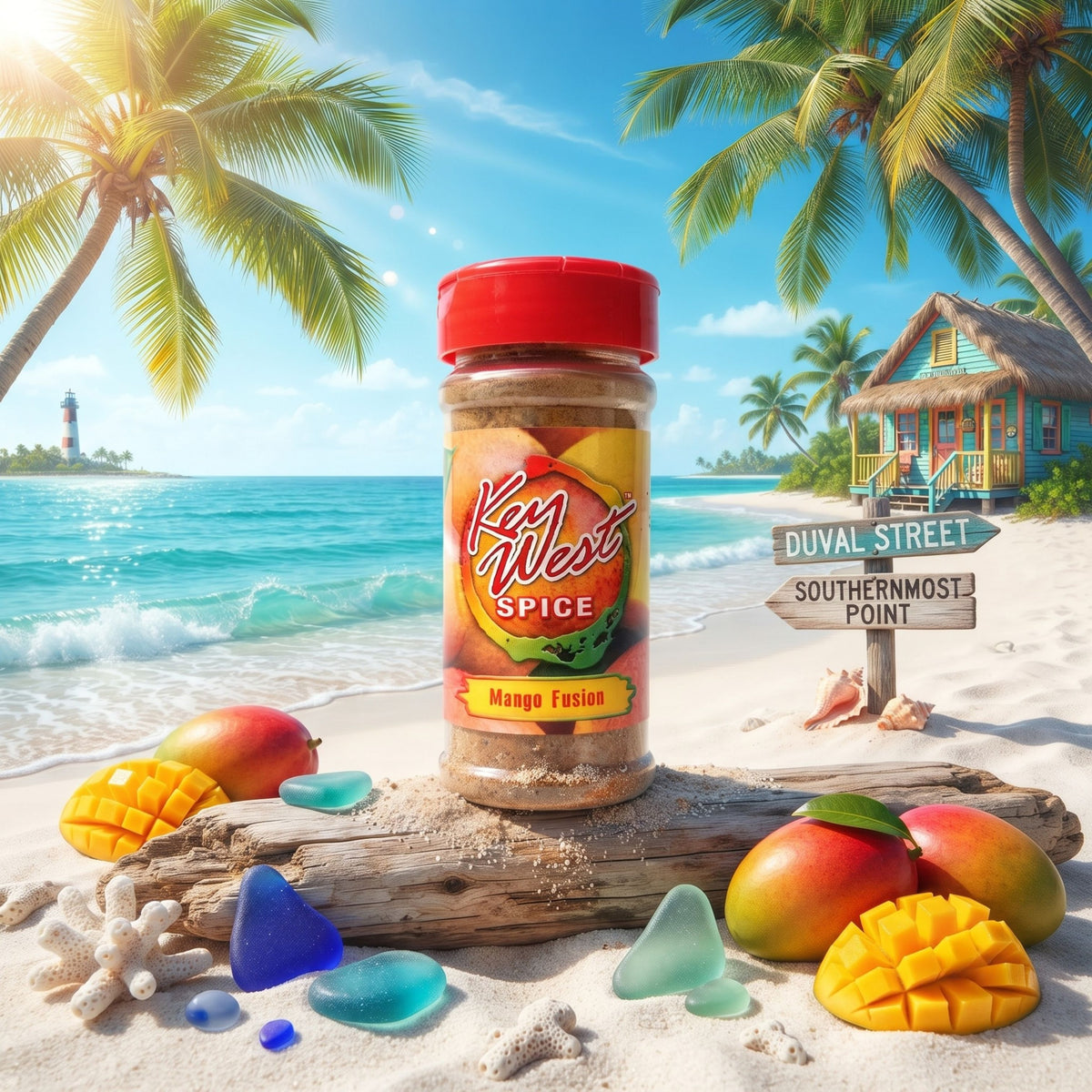 Key West Spice Mango Fusion salt-free, sugar-free seasoning with vibrant mango flavor and colorful spice blend in a jar.