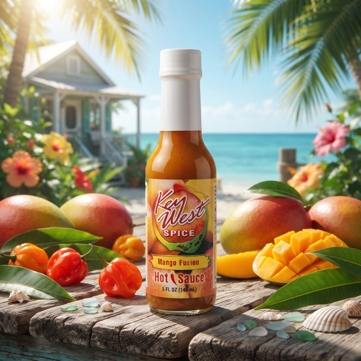 Key West Spice Mango Fusion Hot Sauce in 5 oz. bottle, featuring vibrant mango and hot pepper ingredients.