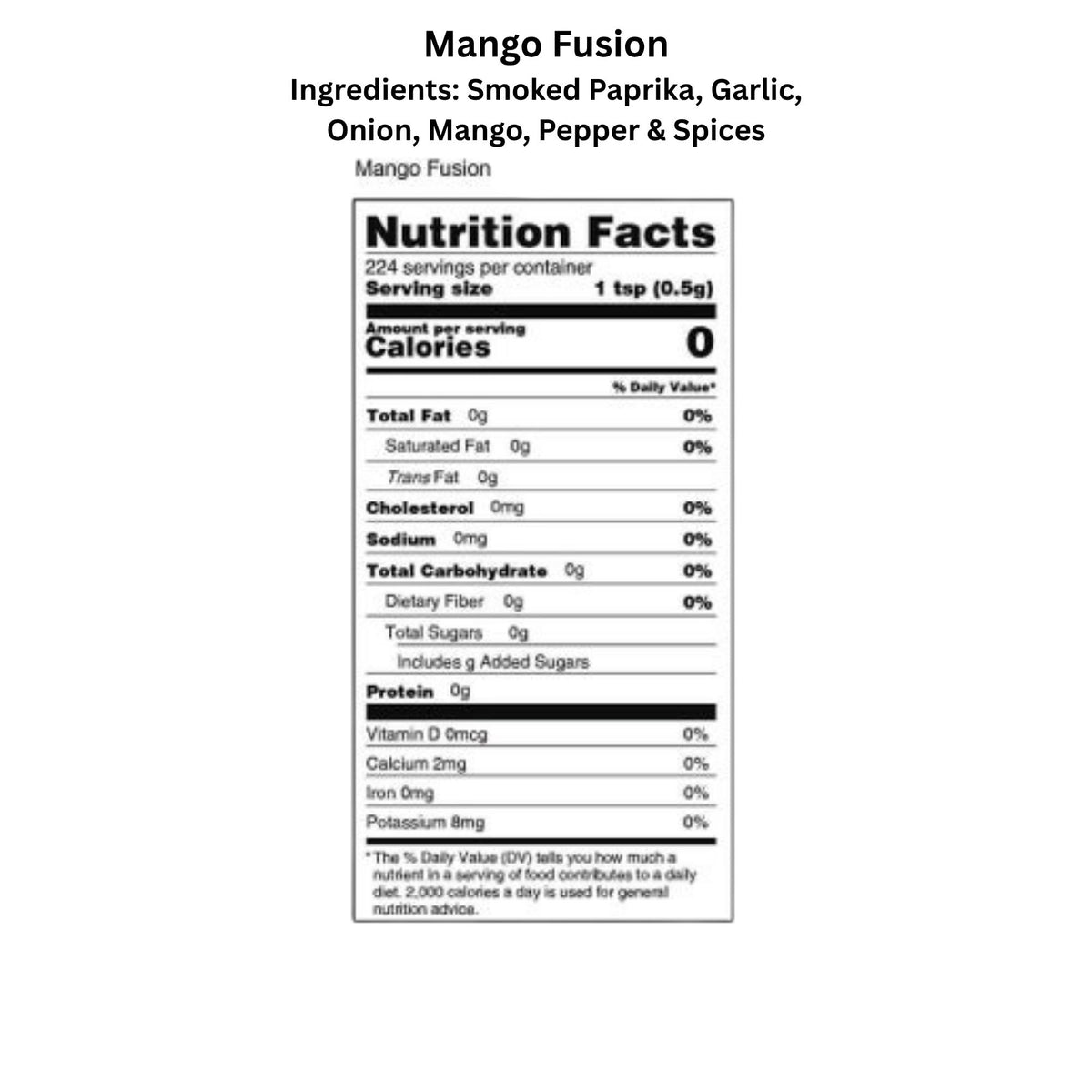 Mango Fusion salt-free, sugar-free spice blend by Key West Spice, featuring dried mango pieces and colorful herbs.