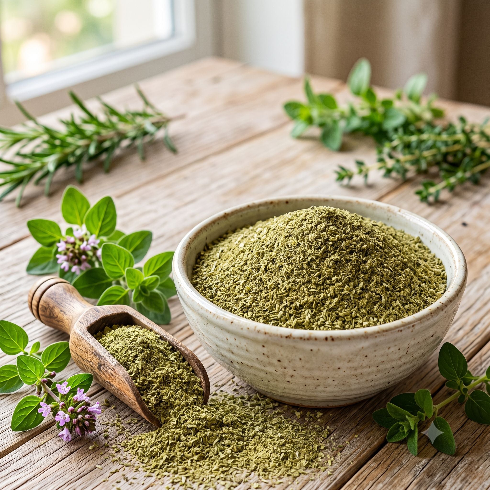 Fresh Key West Spice fancy oregano leaves in a clear glass jar, showcasing vibrant green herb for cooking and seasoning.