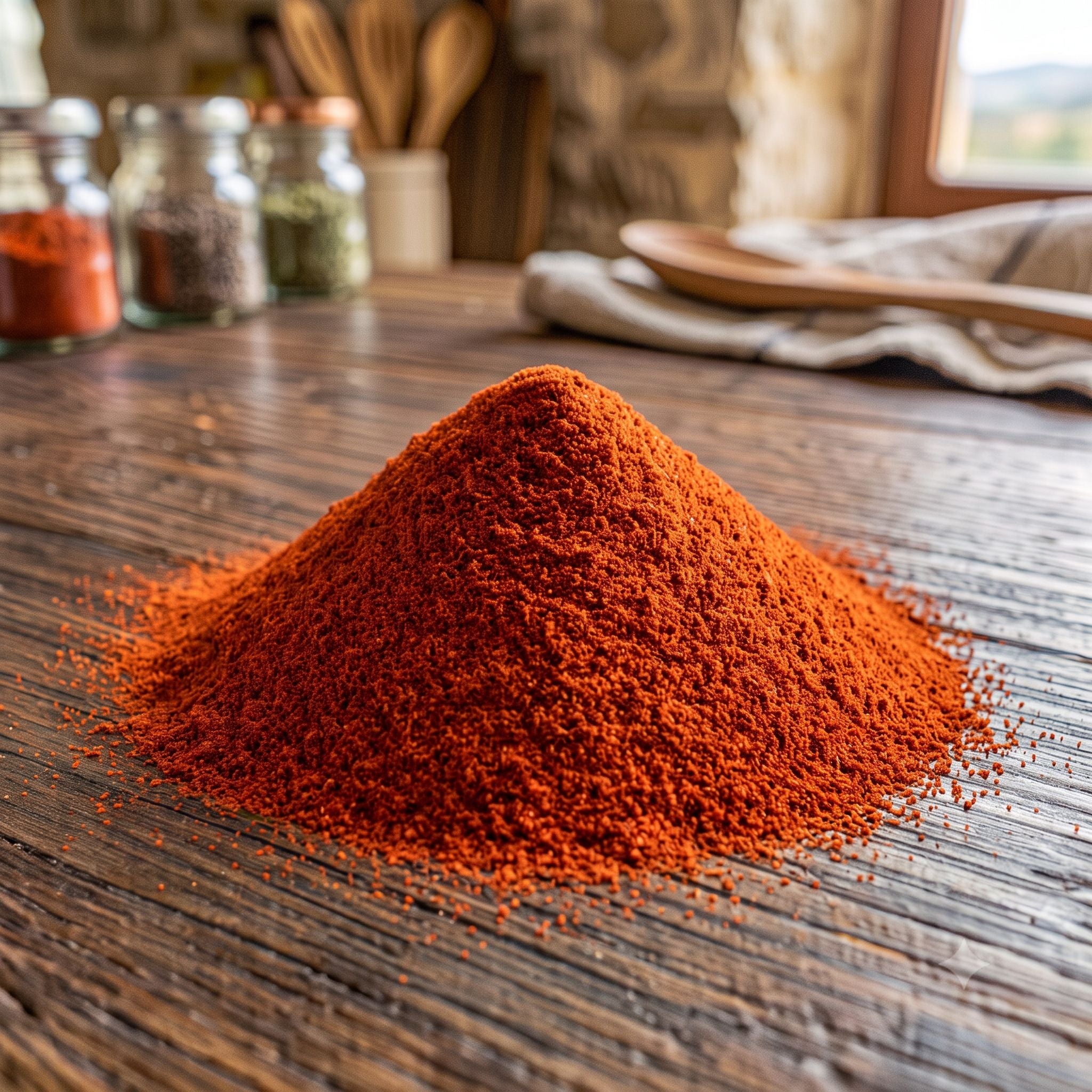 Bright red Key West Spice Fancy Paprika in a glass jar, showing vibrant, finely ground spice with a smooth texture.
