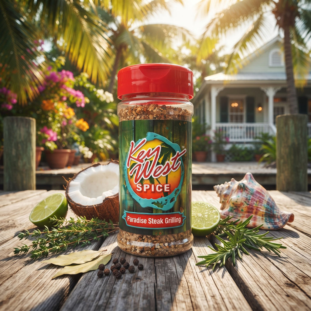 Key West Spice Paradise Steak Grilling Seasoning jar with the flavorful blend of herbs and spices for perfect grilled steaks.