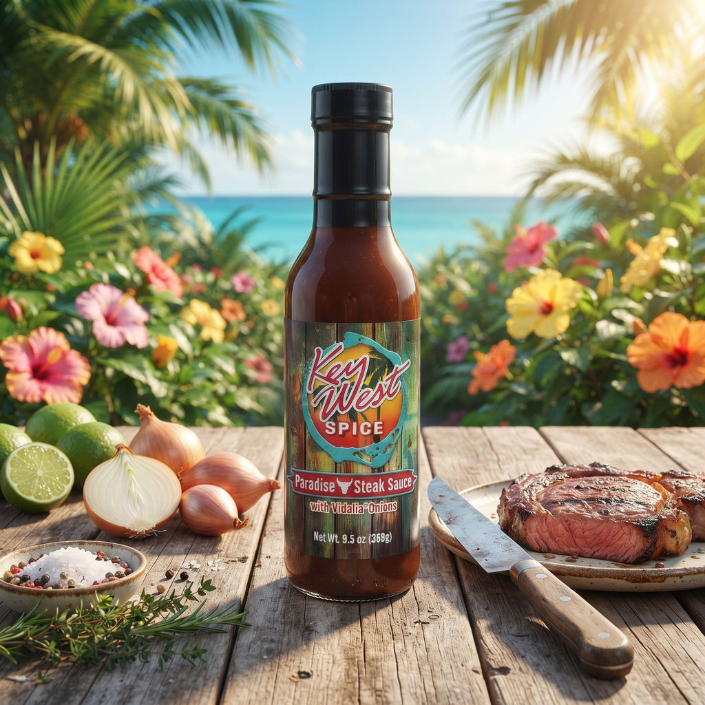 Key West Spice Paradise Steak Sauce with Vidalia® Onions in a 9.5 oz bottle, showcasing the rich, flavorful sauce with sliced onions.