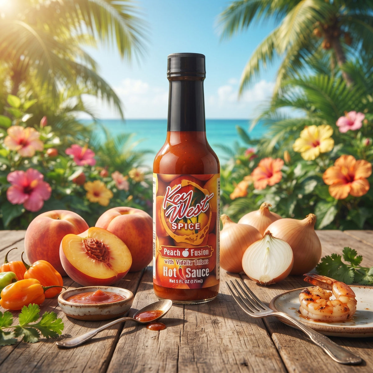 Key West Spice Peach Fusion Hot Sauce with Vidalia® Onions in a 5 oz. bottle, showcasing the vibrant sauce with fresh ingredients.