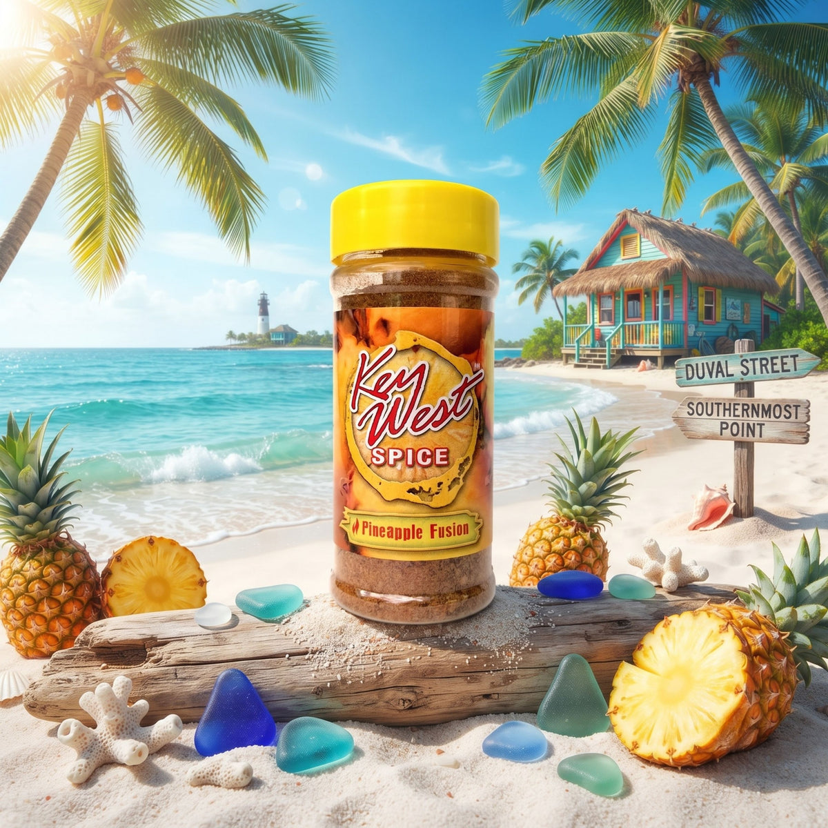 Key West Spice Pineapple Fusion salt-free, sugar-free seasoning blend with pineapple flavor, ideal for enhancing dishes naturally.